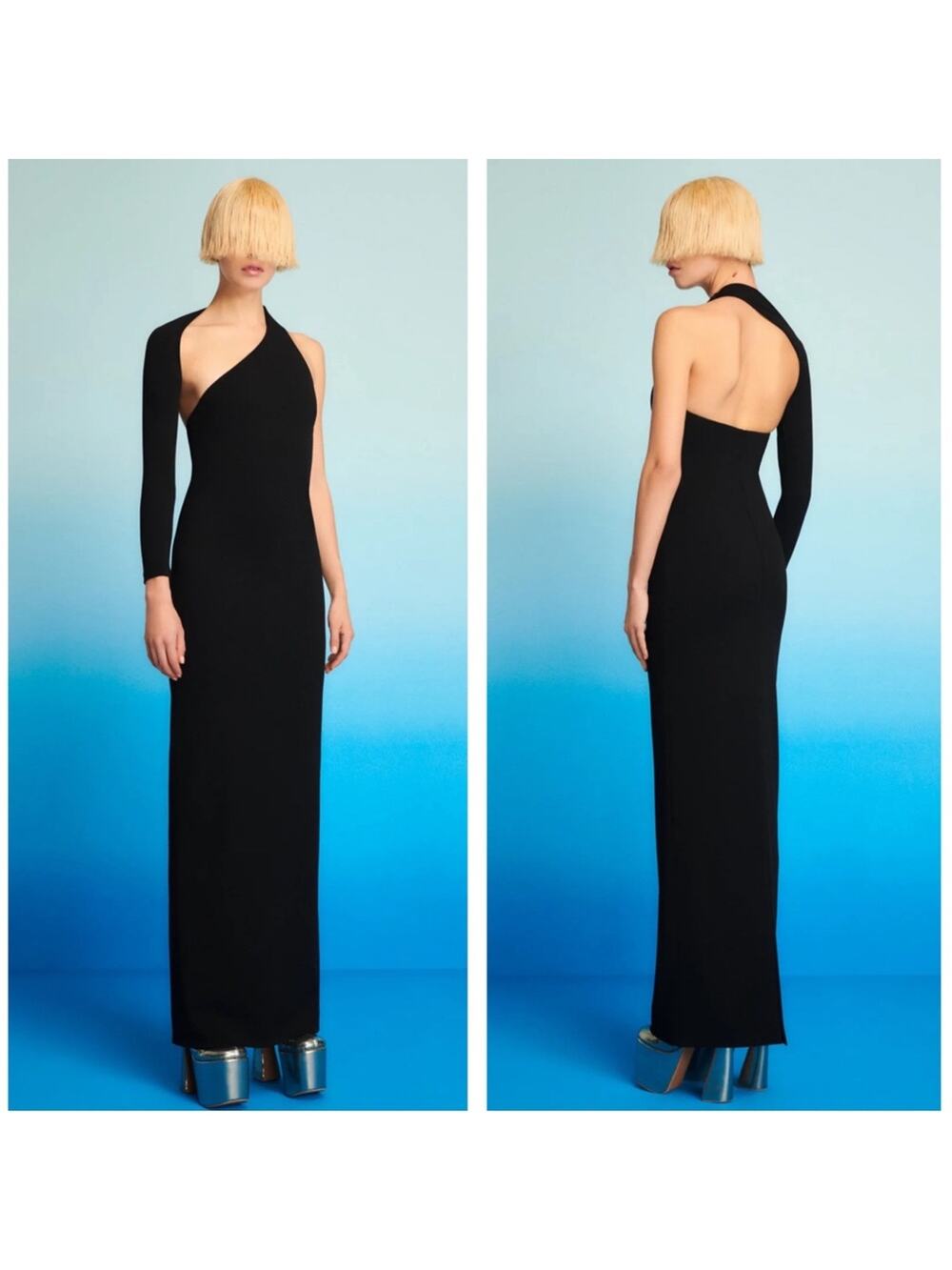 SOLACE LONDON Saren One Shoulder Long Sleeve Cutout Black Maxi Dress Size 8